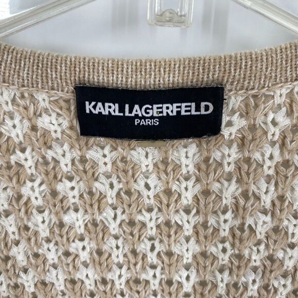 Karl Lagerfeld Womens Chunky‎ Knit Cardigan Sweater Open Front Fringe Sz L Beige - Picture 2 of 8